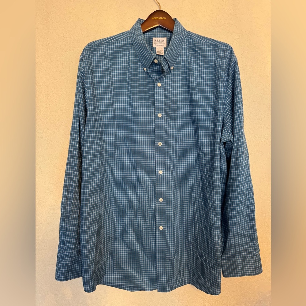 L.L. Bean Traditional Fit Button-Down Shirt Blue Windowpane Check – XL